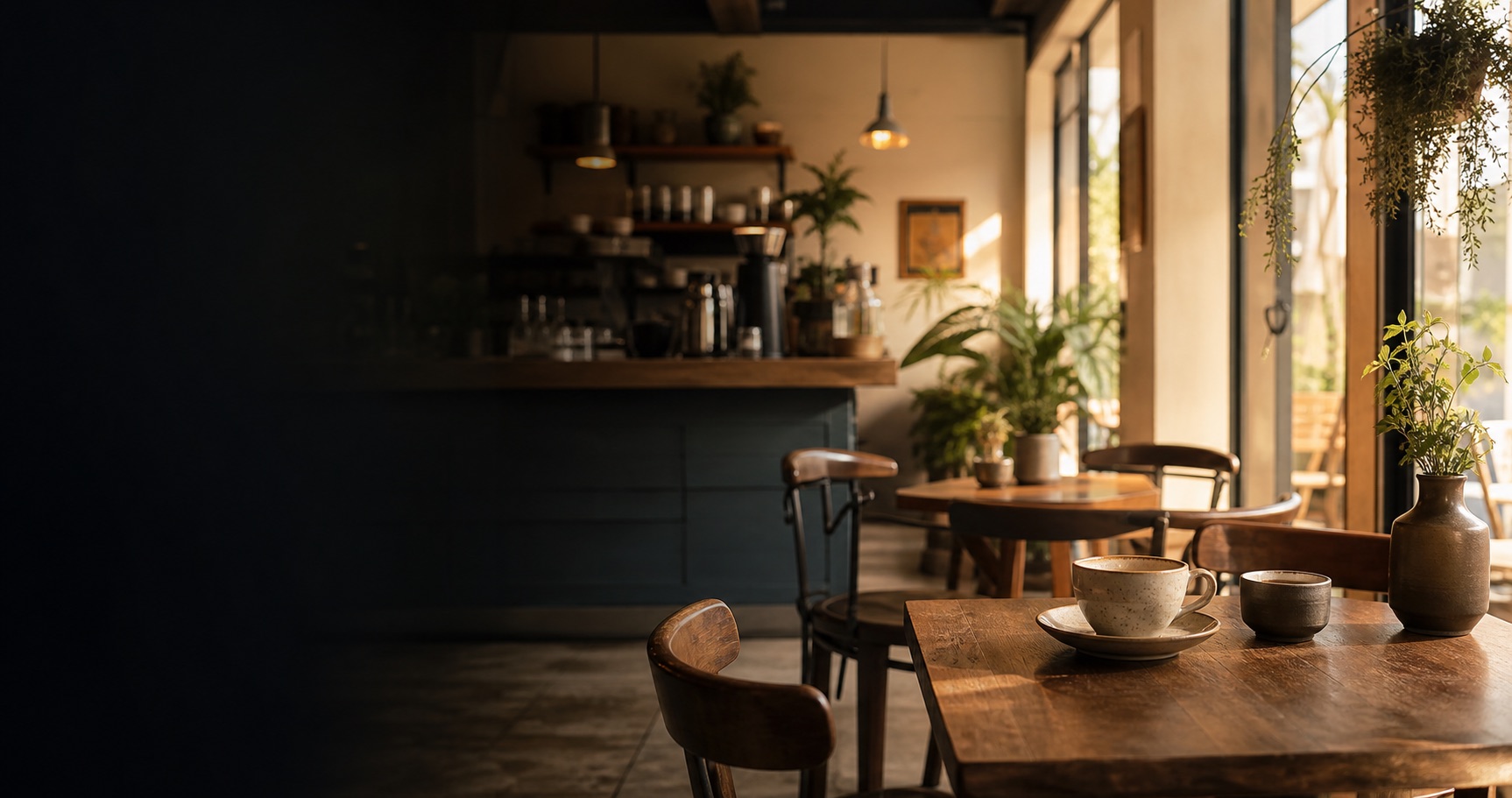 温かな光が入るカフェ店内の背景